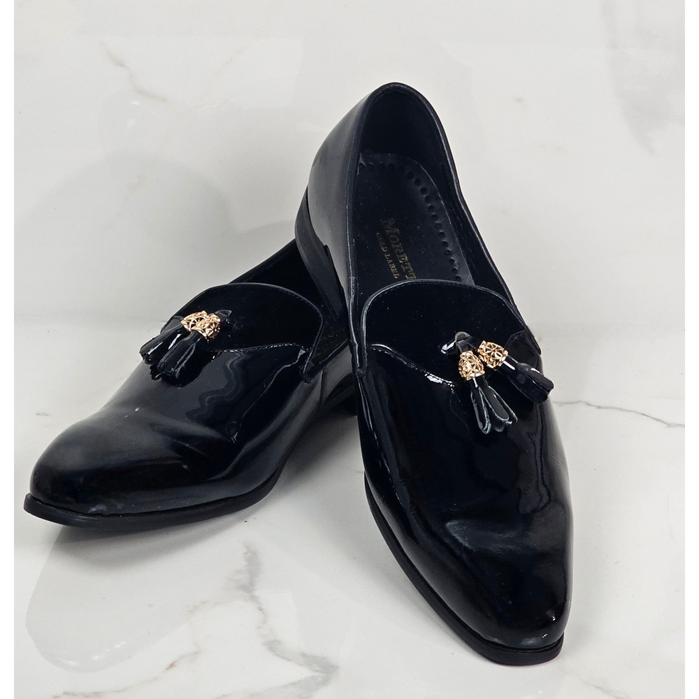 Moretti Gold Label Mens Black Patent Leather Velvet Tassel Loafers Size 10